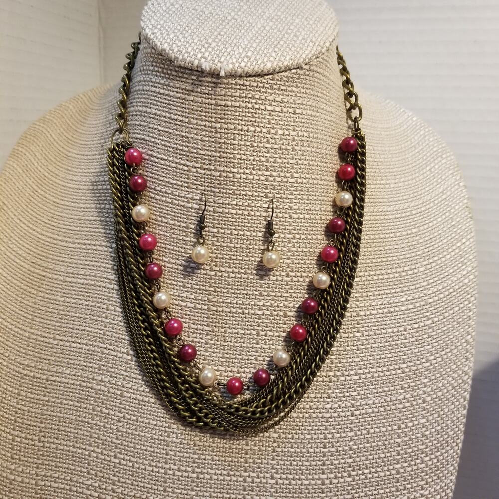 Paparazzi fierce fashion multi strand brass chain with red & white faux pearls a